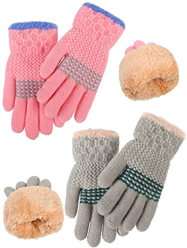 Sintege Kinder Handschuhe - Vollfinger Strick Handschuhe Fleece für Jungen & Mädchen 5-12 Jahre (Rosa, Grau)