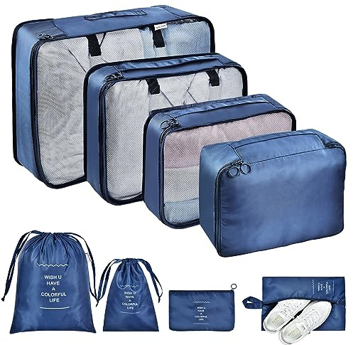 OTraki Organizador de Maletas de Viaje 8 Piezas Organizador de Equipaje Impermeable Multifuncional Incluir 4 Cubos de Embalaje, 2 Bolsas de Viaje para Ropa, 1 Bolsa de Zapatos y 1 Bolsa Plana