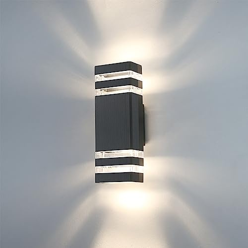 HLFVLITE Outdoor Wall Light, Waterproof Outside Wall Light Mains Powered, Black Aluminum Exterior Lamp with 2pc 6500K Cold White LED Bulbs for Porch, Garden, Garage, Patio, Balcony, Entryway