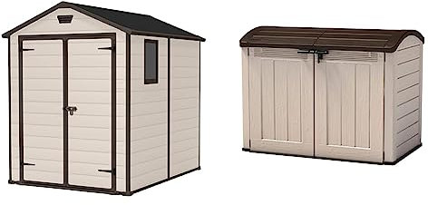 Keter 230256 Manor Outdoor Garden Storage Shed, Beige, 6 x 8 ft & Store It Out Ultra Outdoor Garden Storage Shed, 177 x 113 x 134 cm - Beige and Brown