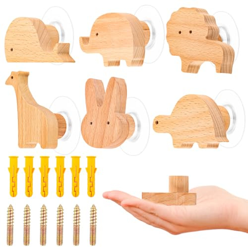 MplehDa Schrankknöpfe Holz für Kinderzimmer, 6 Stück Holzknäufe mit Tiermotiven, Möbelknöpfe aus Holz, 2 IN 1 Selbstklebend Möbelknöpfe mit Schrauben, Holzgriffe für Schränke Türknöpfe für Kinder