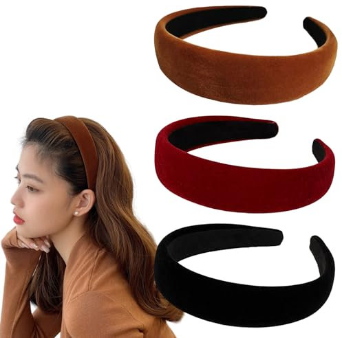 EUDUQ 3 Stück Haarreifen Damen,Gepolstertes Stirnband aus Samtstoff,Retro Style Haarband,Vintage Haarschmuck,Stirnbänder für Frauen und Mädchen (Schwarz/Burgunderrot/Braun)