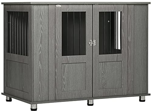 PawHut Hundekäfig für Zuhause, Haustierkäfig, Hundehütte Indoor mit Schloss, Magnettür, Hundehaus mit Fenster, Hundebox für extra große Hunde, Grau, 114 x 60 x 82 cm