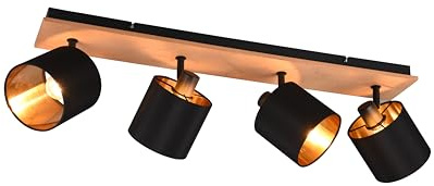lightling Deckenlampe Benny, Deckenstrahler mit Lampenschirm aus Stoff in Schwarz, Innenseite Gold, Lampe mit Korpus aus Holz und Metall, exkl. 4 x E14 (max. 28W), Höhe: 19cm, Breite: 72cm