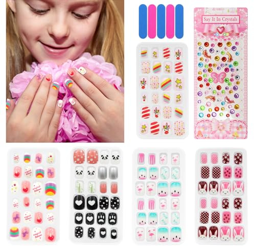 VEGCOO 120 Piezas Uñas Postizas para Niñas con 5 Limas y Pegatinas, Uñas Postizas Cortas Artificiales Pre Pegamento para Niñas, Nail Art Manicura Decoración, Regalo Navidad para Niña