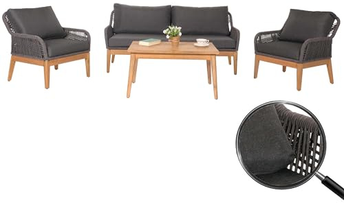 Mendler Gartengarnitur HWC-H56b Seilgeflecht Rope Holz Akazie - dunkelgrau | Lounge-Set, Gartenlounge, Sofa, Sessel, Tisch
