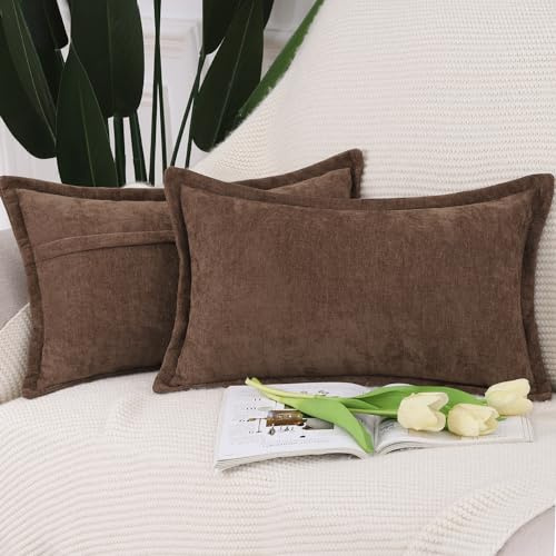 Madizz 2er Set Fransen Chenille Schlicht Zierkissenbezüge Modern Kissenbezug Kissenhülle Sofakissen Lendenkissen für Sofa Schlafzimmer Braun 40x80 cm