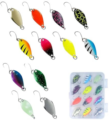SVOCK 12 Stück Forellenköder Spoons Forelle, Forellen Köder 2.5g 3.5g 5g, Forellen Spoon Set Blinker Angeln, Angelzubehör Forelle für Eine Vielzahl von Fischen und Gewässern