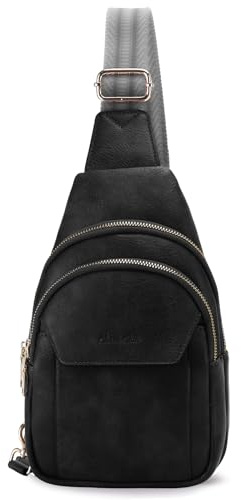Chase Chic Sling Bag Damen, Klein Schulterrucksack，PU Leder Brusttasche,Umhängetasche Crossbody Bag für Outdoorsport Reisen Schwarz