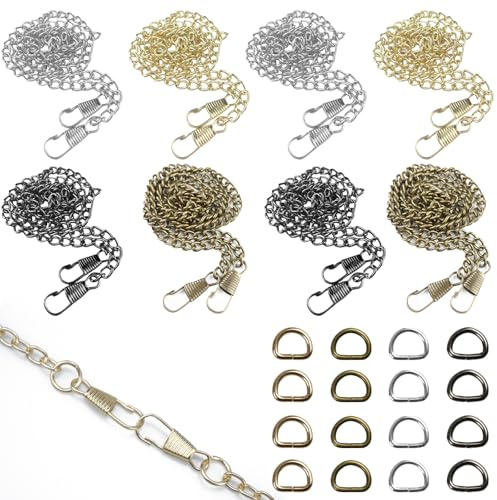WakiHong 8 Piezas Cadenas para Bolsos Viene con 16 Anillos en D Crochet 120 cm Correa de Cadena Cadena de Repuesto para Bolso con Cierres para Bolso de Hombro (Bronce/Color Pistola/Oro Claro/Plata)