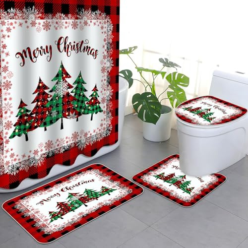 APROPHIC 4-Teiliges Weihnachtsduschvorhang-Set Weihnachtsbaum Rot Kariertes Badezimmerset mit Duschvorhang und Teppich, Toilettendeckelmatte und U-förmigem Pad Waschbar 72x72 Zoll