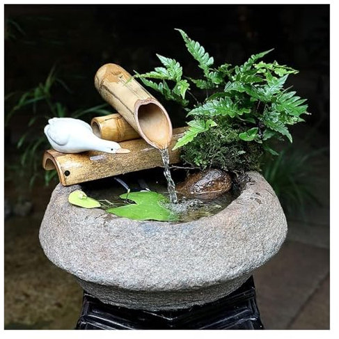 YDHSIKK Fontana d'Acqua Zen Garden Decor Feng Shui Fontana d'Acqua Giapponese, Fontana da Giardino Zen con Accenti di bambù, Pompa e Ciotole in Pietra, Mini laghetto for Pesci e Uccelli