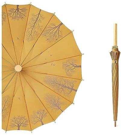ZUOZUIYQ Langer Stockschirm, 16 Rippen, Winddicht, übergroßer Regenschirm, Holzgriff, Retro-Bäume-Druck, großes Baldachin, Golfschirm für Geschäftsreisen
