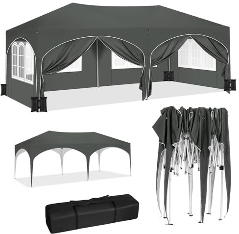 WOLTU Tonnelle de Jardin, Pergola, Barnum, Tonnelle Pliante 3x6m avec 6 Parois Latérales et 4 Sacs de Sable, Gazebo, Hauteur Réglable, Imperméable, Protection de UV, avec Sac de Transport Gris