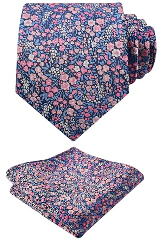 Alizeal Mens Light Colored Floral Necktie and Pocket Square Small Flower Colorful Wedding Party Tie Set, Navy+Blue+Pink