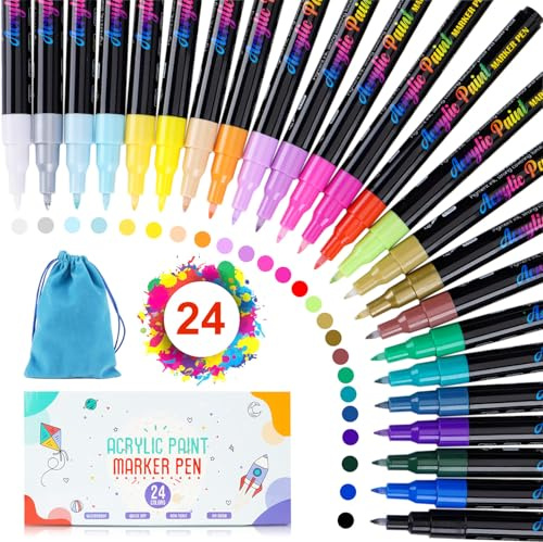 Goffii Acrylstifte für Steine wasserfest 24 Farben Bemalen feine Spitze Farbstifte Holz, Stein, Stoff, Leinwand, Keramik, Scrapbooking-Zubehör, Bastel- und Künstlerbedarf