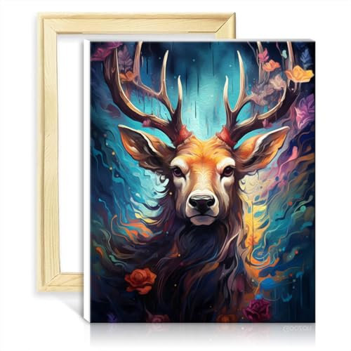 LiHEQING Ölgemälde-Set für Leinwand, Hirsch in Blumen, auf Leinwand, Gemälde für Erwachsene, für die Wanddekoration zu Hause, Geschenke, ohne Rahmen (60 x 75 cm)
