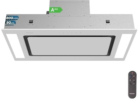 Cecotec Campana Extractora 90 Cm Integrable De Techo Bolero Flux Tir 908000 Glass White A++. Acabado Vidrio Blanco, Succión 800M3/H, Control Remoto, Filtro Carbono, Booster