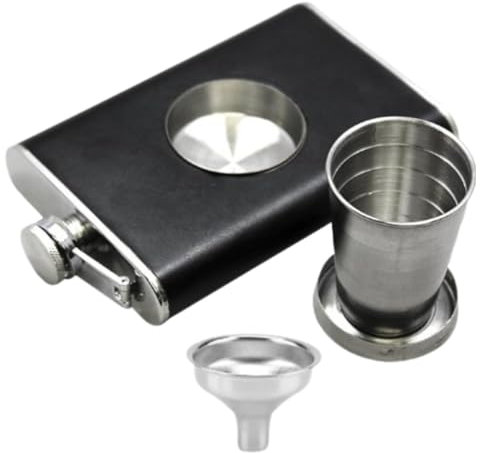 Fiaschetta in Acciaio Inossidabile, Fiaschetta da 8 once per Uomo Fiaschetta per Liquore con Bicchierini Pieghevoli Incorporati e Fiaschetta Nera con Imbuto per Campeggio
