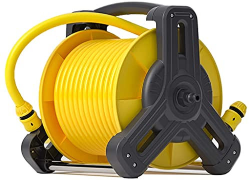Wall Mountable Hose Reel Set for Garden with Quick Connectors and Adjustable Nozzle Holds 50 M 1 Inch Hose Space Saving Design Black and Yellow 30 M