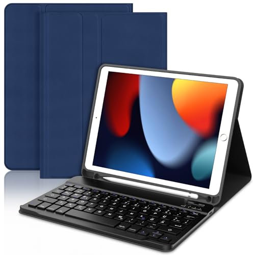 JADEMALL Für iPad 6. Generation Hülle mit Tastatur, Abnehmbare Bluetooth Tastatur Hülle für iPad 5./6. Gen, Pro 9.7, Air 1 & 2, QWERTZ Deutsch, mit Stifthalter – Dunkelblau