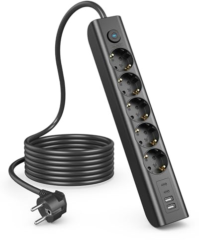5 Fach Steckdosenleiste, 9 in 1 Mehrfachsteckdose mit USB, 3680W Steckerleiste mit Schalter,16A Mehrfachstecker mit 2 USB C, Wandmontage Steckerleiste Verteilersteckdose für Küche Büro,1.8M Kabel