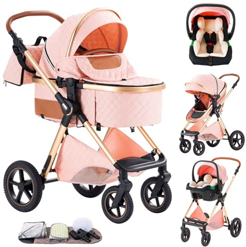 Shineey Stroller 3 in 1 Travel System Aluminium Frame High Landscape Combined Strollers Lightweight Folding Pram for Newborns Toddlers 0-36 Months from Birth Aluminium Pushchair (3 in 1 Pink H 2, H2)