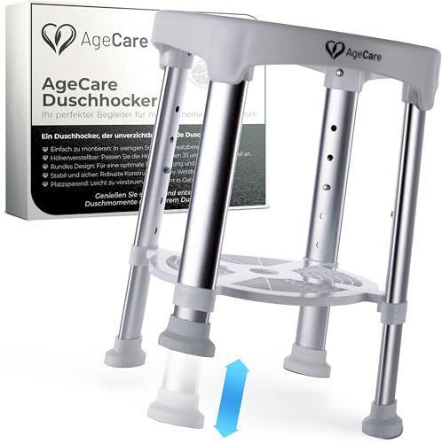 AgeCare - Duschhocker für Senioren & Erwachsene | Höhenverstellbar | Leichter Badhocker rutschfeste Gummifüße Duschstuhl bis 130KG Belastbar | Duschhilfe
