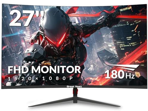 Great voell 27 Inch Gaming Monitor, 180Hz 1ms FHD 1080P, 1800R, Fast IPS Display, HDR10, 99% sRGB, FreeSync, HDMI & DP, Wall Mount Compatible