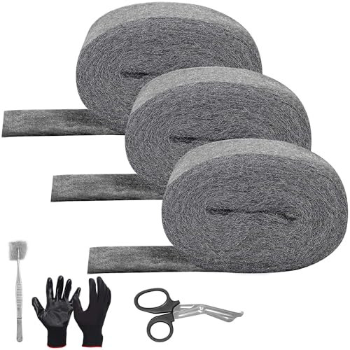 HuiCloud 3 Pack Steel Wool Mice- 0000 Coarse Wire Wool Rodent Control Gaps Blocker,Hole DIY Fill Fabric Kit with Gloves,Scissor and Tweezer for Stop Rats and Mice Insect Pest