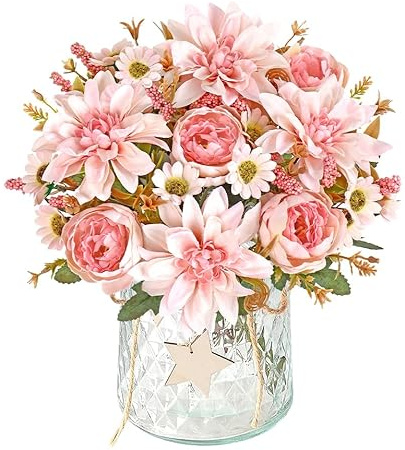 DEMIUKO 2 racimos de dalias artificiales rosas peonías de seda, ramo de flores artificiales, flores falsas, jarrón, decoración para bodas, fiestas, centros de mesa, arreglos florales, interiores y
