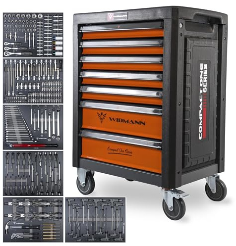 WIDMANN Tool Trolley Cabinet with 263pcs Tools Steel Workshop Storage Chest Carrier ToolBox, Compact One Series (Orange)