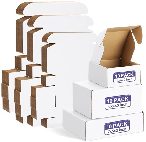Eupako 30 Pack Small Shipping Boxes Assorted Sizes, 4x4x2, 6x4x3, 7x5x2-10 PCS Each Small Boxes, White Corrugated Box Mailers, Cardboard Boxes for Packaging Small Business, Mailing