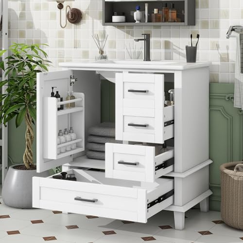 NNJN 76 x 46 x 83,5 cm, mobile da bagno con lavandino, lavabo, completamente laccato, scaffale per porta, tre cassetti silenziosi, lavabo in ceramica integrato (bianco)