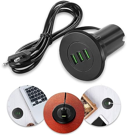 USB-Buchse Kabeldurchführung Schreibtisch Fit, 3 Port USB Tisch Hub Desktop Power Grommet 3.1A Ladegerät Tisch Kabelführung für Tischmontage mit 1,4 m Kabel für Laptop Notebook Mobile Phone, Schwarz