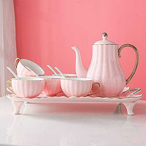 8-teiliges Porzellan-Teeservice, weißes Keramik-Teeservice, eine Teekanne, 6 Kaffeetassen mit Tablett und Teelöffeln, Pink