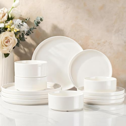 Richmount Dinner Set for 4, 12 Pieces Modern Porcelain Plates and Bowls Set, Dinnerware Sets Chip Resistant, Microwave & Dishwasher Safe, Ceramic Dish Set Service for 4, White