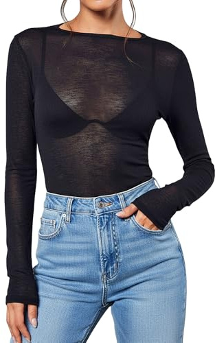 Coloquin Women Long Sleeve Mesh Sheer Tops Sexy Boat Neck See Through Y2k Going Out Tops T Shirts Black M