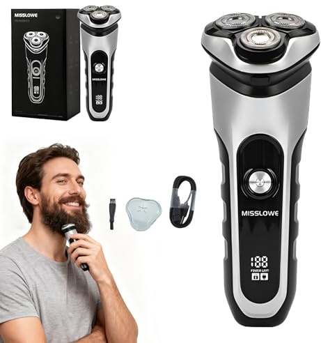 Rasoir Électrique Homme avec Écran LED, IPX7 Étanche rasoir electriques hommes, Rasage avec 3D Têtes Rotatives, 120 Min d'Autonomie, Idéal pour Peau Sensible (Noir)