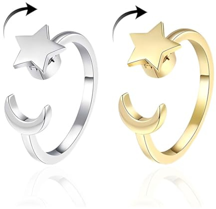 WIRZUL 2 Stück Anxiety Spinner Ring Set - Verstellbar Anti Stress Ringe in Silber - Sterne, Mond für MäDchen Herren Geburtstags-Party-Geschenke