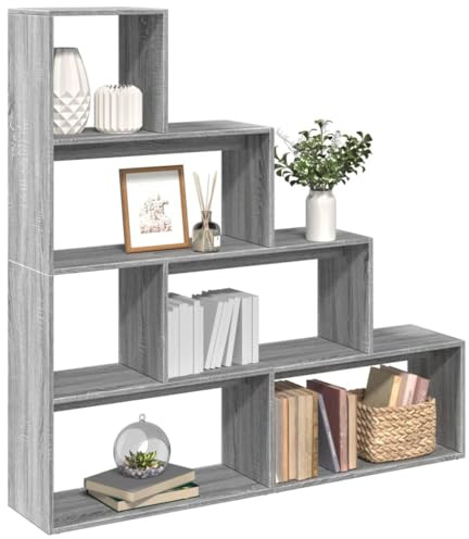 ZfiPhranillus Bücherregal 4 Stufen Raumteiler Grau Sonoma 143,5x29x143,5 cm Massiver Holzwerkstoff Stufenregal Modernes Design Vielseitig für Wohnzimmer Büro Schlafzimmer