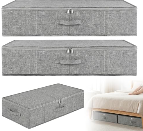 SPORWAY Lot de 2 boîtes de rangement pliables sous le lit de 12 cm avec couvercle et poignée - Double fermeture éclair - En tissu - Pour vêtements, couettes