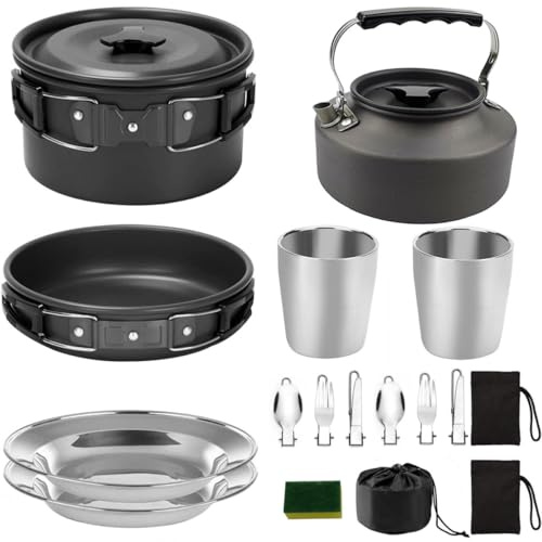 Cabilock Juego de Utensilios de Cocina para Acampar 2-3 Personas Kit Portátil Negro Olla Anodizada Antiadherente 165 CM Sartén 168 CM y Tetera para Picnic y Senderismo al Aire Libre