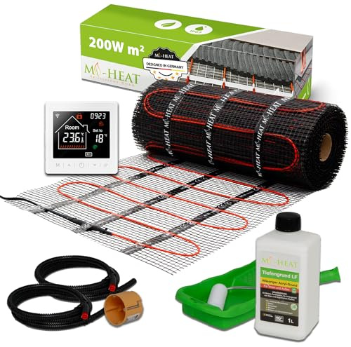 Mi-Heat Elektrische Fußbodenheizung 200W/m² 10,0m² Set - Bodenheizung Heizmatte Ausgleichsmasse – für Fliesen, Vinyl, Parkett & Laminat – Inkl Thermostat M2 WiFi weiß