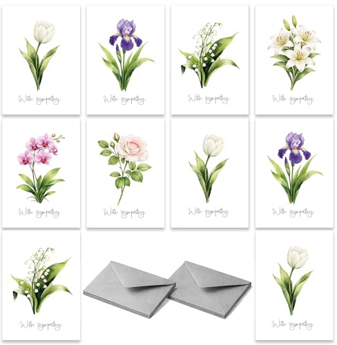10 Sympathy Greeting Cards with Envelopes, Multipack of Think You Bulk Notecards, Blank Inside for Handwritten Message, Condolences, Bereavement, Mixed Delicate Designs, Eco-friendly