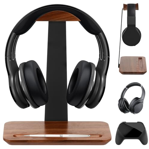 QINGLANG Walnut Wood Headphone Stand for Desk Natural Wooden Gaming Headset Holder with Organiser Base Tray Sturdy Aluminium Earphone Display Rack Compatible with Beats, Sony, Bose, Sennheiser