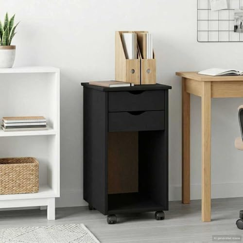 GeenYuu Rollschrank Schwarz aus massivem Kiefernholz 34 x 39 x 65,5 cm mit 2 Schubladen und robusten Rollen für Büro, Schlafzimmer, Flur und Hauswirtschaftsraum vielseitiger Stauraum und