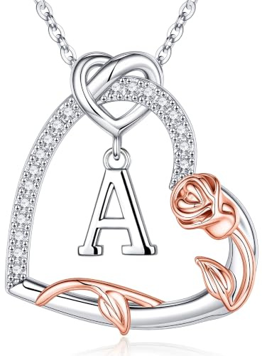 Turandoss Rose Herz Halskette Damen Mädchen - 14K Weißgold Vergoldet Rose Herz Kette mit Buchstaben A-Z Kette CZ Geburtstagsgeschenk für Frauen Freundin Mädchen Jahrestag Geschenk Schmuck Damen
