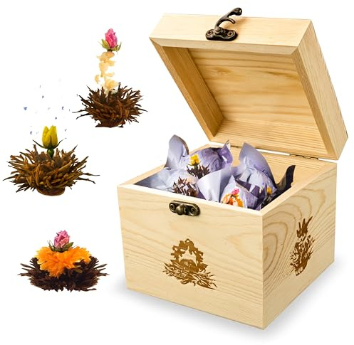 Creano coffret cadeau déco bois « Floraison » Thé noir 6 thés fleuris en (3 sortes différentes de roses de thé)