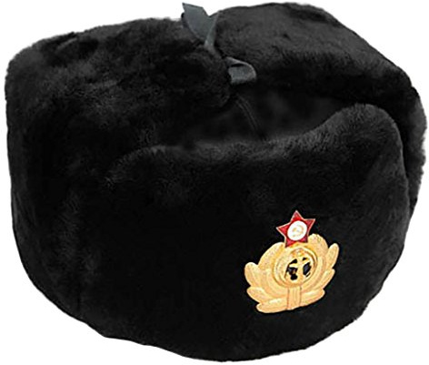 CUCUBA Chapeau Noir Original Russia Ushanka Marine Russe Trapper Bonnet et Badge avec Marteau de Mort Faucille. Taille XXL - Idée Cadeaux